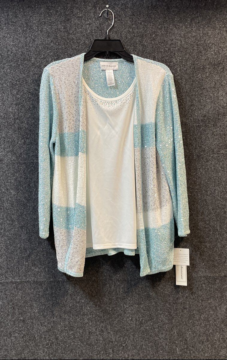 Alfred Dunner Women's Versailles 2pc Cardigan Set Blue White Sequin NWT Sz S