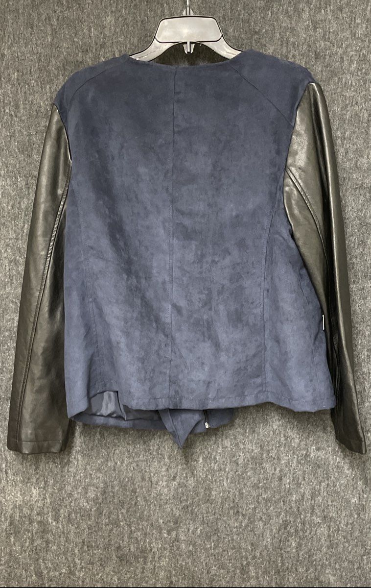 Alfani Women's Navy Faux Suede Black Faux Leather Mixed Media Moto Jacket Sz L
