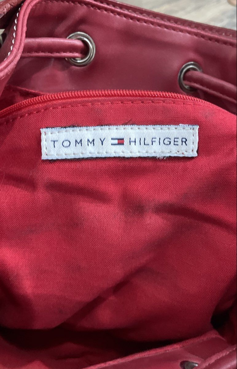 Tommy Hilfiger Red Woven Faux Leather Drawstring Bucket Bag Handbag