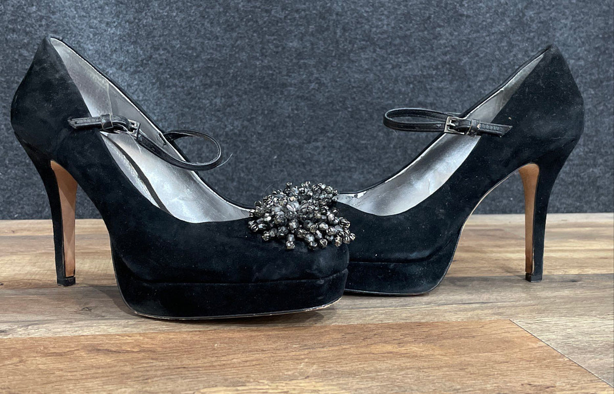 Antonio Melani Black Suede Beaded Platform Mary Jane Heels Size 8M