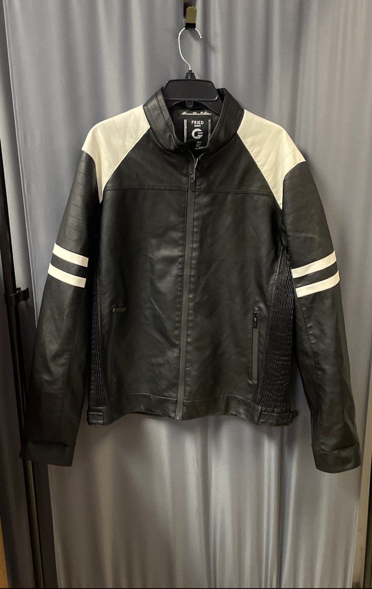 Fried Denim Men's Black White Faux Leather Biker Cafe Racer Jacket Size L