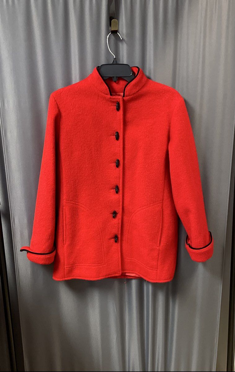 Vintage 90s Women's Red Wool Mandarin Collar Toggle Button Car Coat Sz S/M