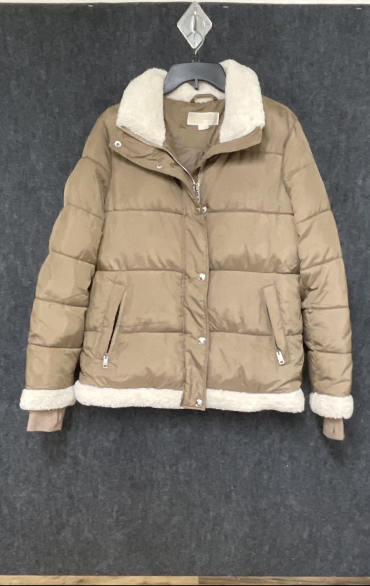 Michael Kors Women's Tan Faux Shearling Trim Quilted Puffer Jacket Sz M