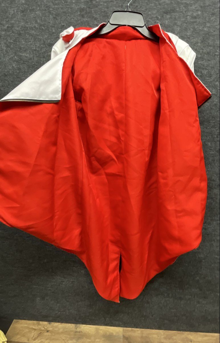 White Red Asymmetrical Zip Hooded Cosplay Tailcoat Jacket Silver Crest Buttons