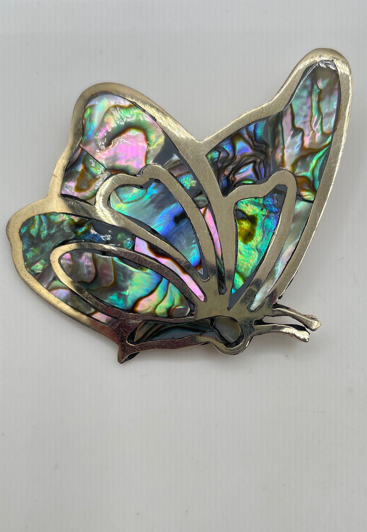 Silver Tone Abalone Inlay Butterfly Brooch Pin Pendant 9.4g *NPM*