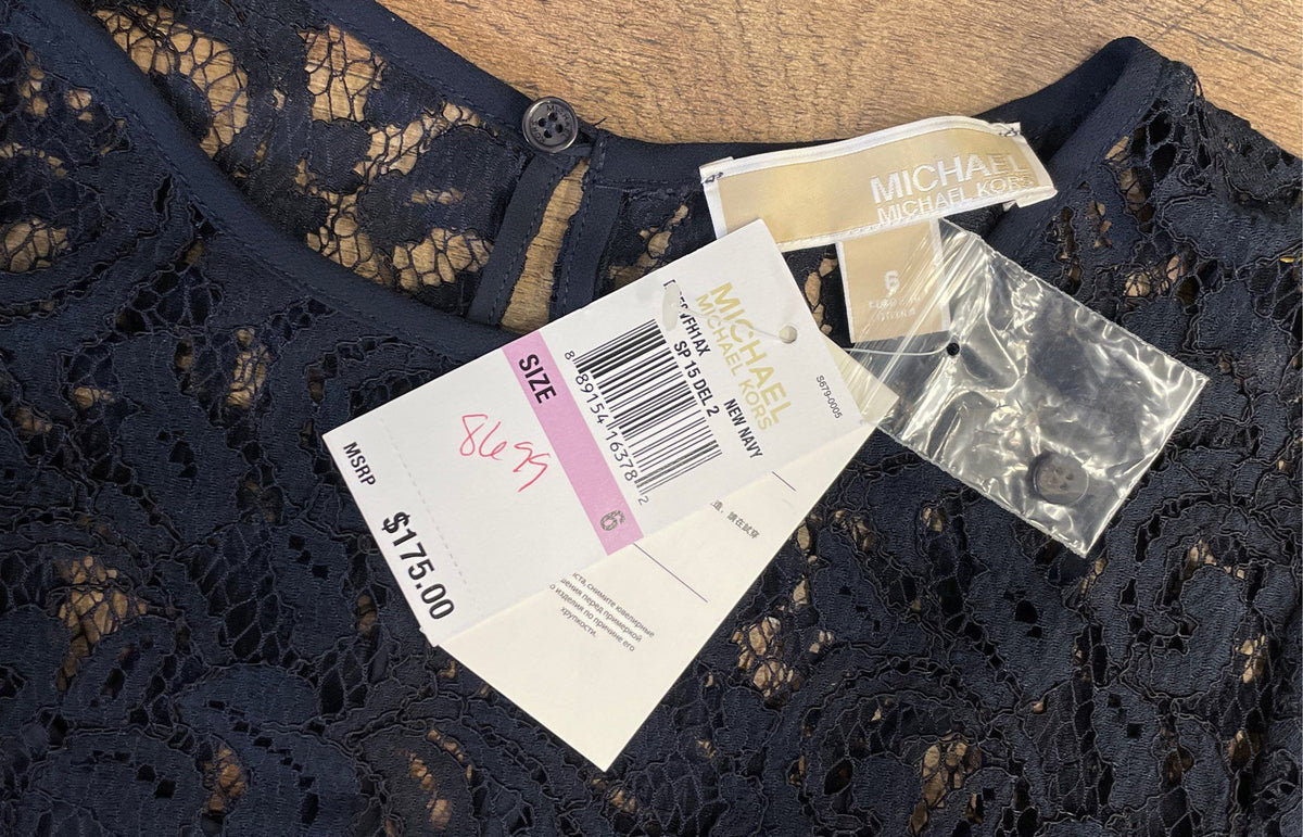 Michael Kors Women's Navy Floral Lace Short Sleeve Ruffle Hem Dress Sz 6 NWT