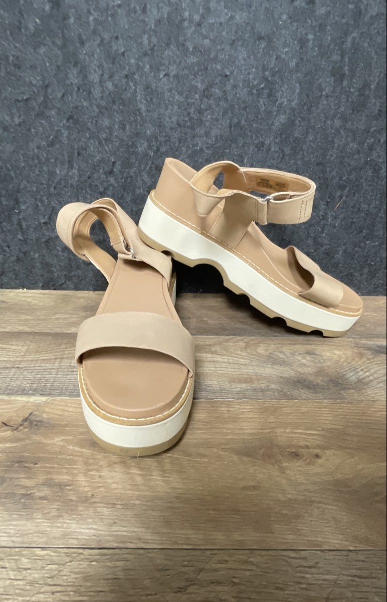 Sorel Cameron Flatform Fawn Tan Leather Ankle Strap Sandals Women's Size 11