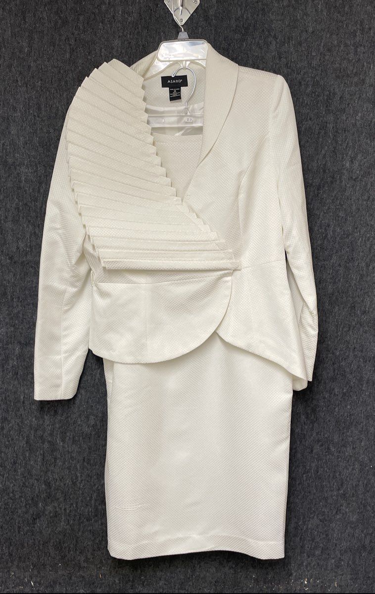 Ashro Women's White 2-Piece Skirt Suit Asymmetrical Pleated Fan Textured Sz 14