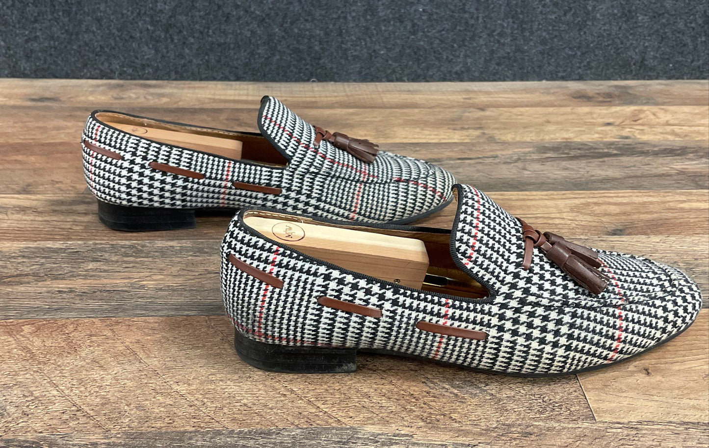 Elanroman Houndstooth Tassel Loafers Prince of Wales Check Red Sole Size 43