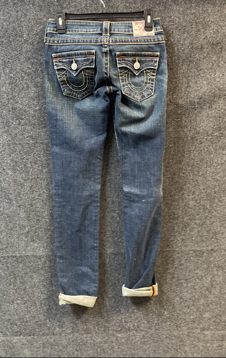True Religion Women's Blue Skinny Flap Pocket Horseshoe Jeans Size 24
