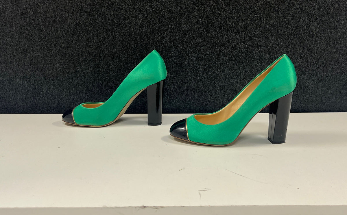 J.Crew Faded Jade Green Black Patent Cap Toe Block Heel Pumps Size 6