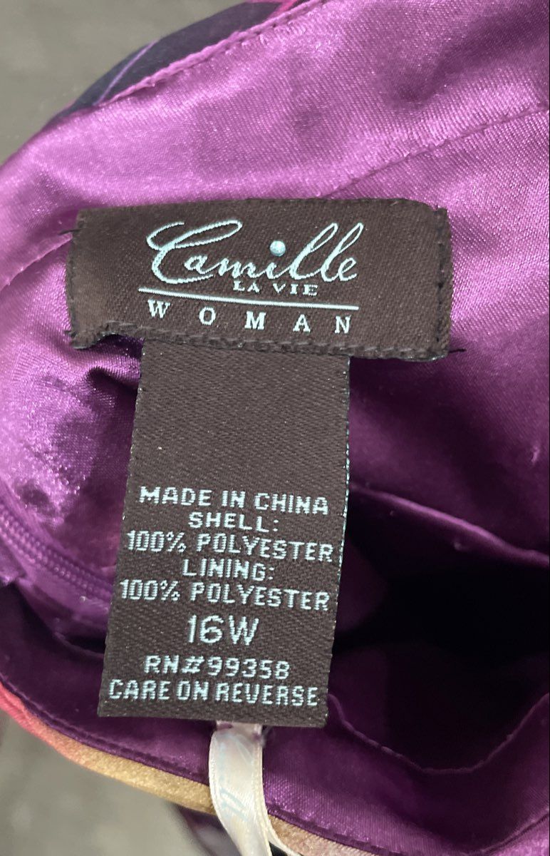 Camille La Vie Woman Purple Teal Beaded Ruched Empire Waist Formal Gown Sz 16W