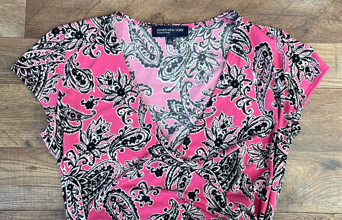 Jones New York Signature Women's Pink Paisley Faux Wrap V-Neck Dress Sz S