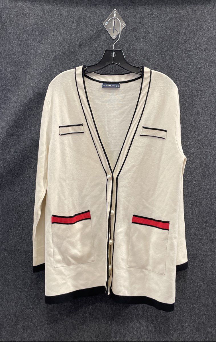 Zara Knit Women's Cardigan Sweater White Contrast Trim Pearl Button Sz M