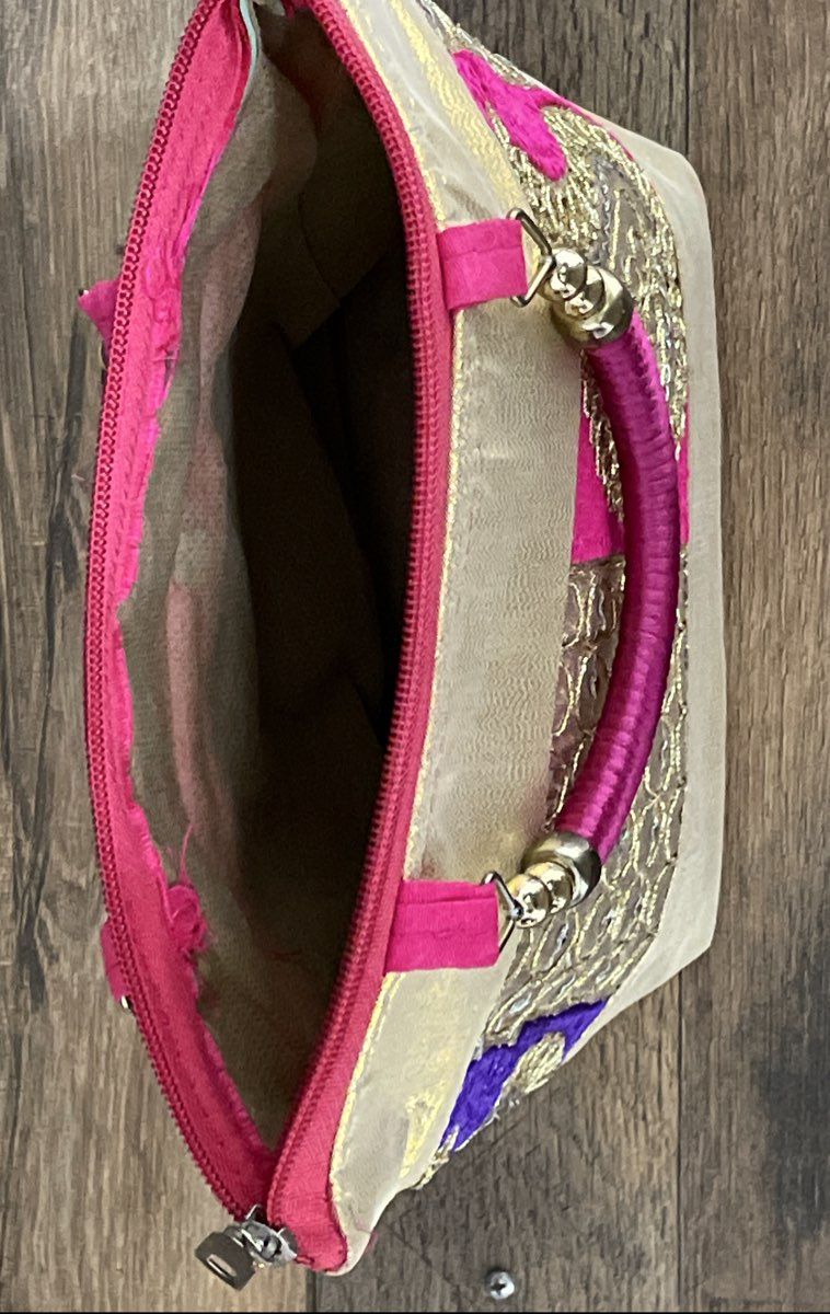 Indian Handcraft Gold Pink Paisley Sequin Embroidered Zipper Pouch Handbag