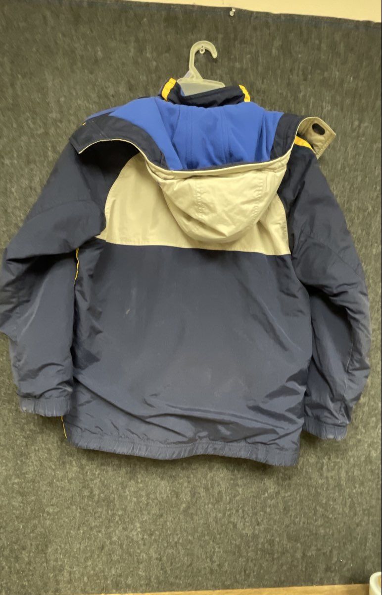 Nike Men's Hooded Jacket Navy Tan Blue Colorblock Fleece Lined Y2K