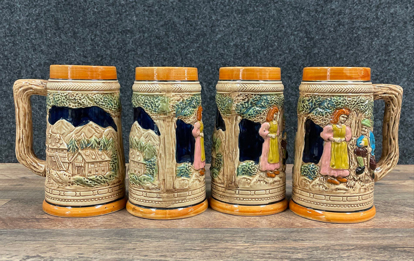 Vintage German Style Beer Mugs Steins Set of 4 Ceramic Relief Made in Japan