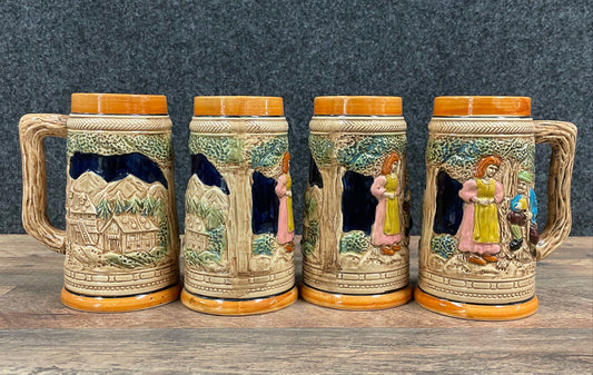 Vintage German Style Beer Mugs Steins Set of 4 Ceramic Relief Made in Japan