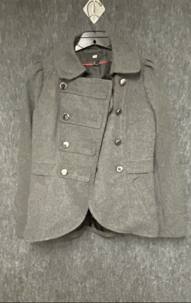 H&M Women's Grey Military Wool Blend Puff Shoulder Button Jacket Sz Medium
