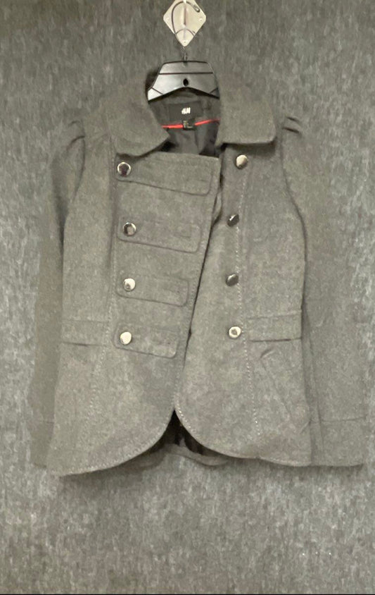 H&M Women's Grey Military Wool Blend Puff Shoulder Button Jacket Sz Medium