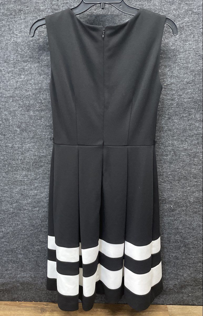 Calvin Klein Women's Black Sleeveless Pleated Fit & Flare Striped Dress Sz 2