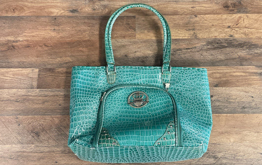 Kathy Van Zeeland Y2K Teal Croc Embossed Shoulder Tote Bag Silver Hardware