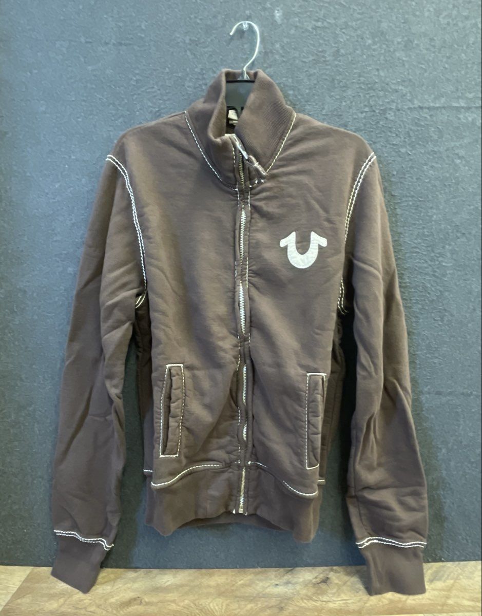 Vintage Y2K True Religion Men's Brown Zip Track Sweatshirt White Stitch Sz L