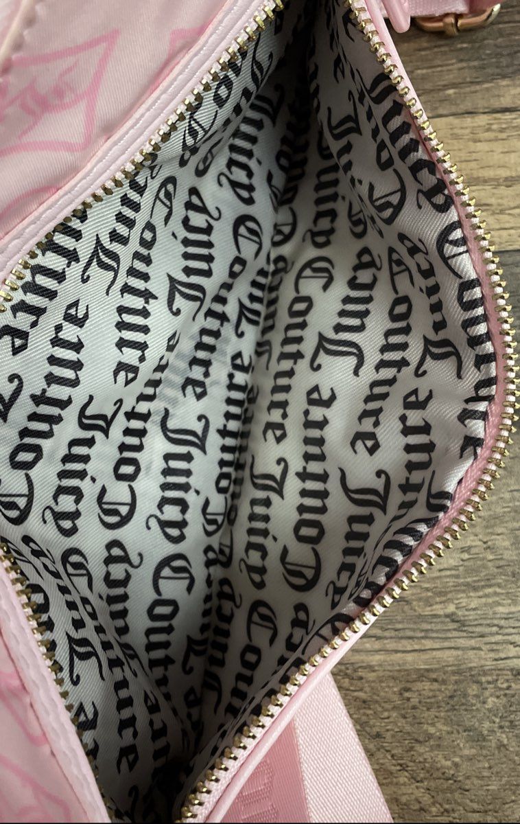 Juicy Couture Pink Monogram Heart Nylon Crossbody Shoulder Bag Gold Hardware