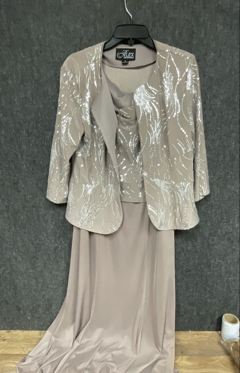 Alex Evenings Women's Taupe Silver Sequined Formal 2-Pc Dress Gown Set Sz 12