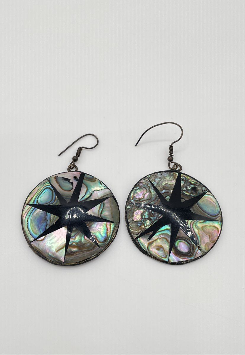 Alpaca Silver Abalone & Black Resin Star Earrings Mexico 14.8g *NPM/Damaged*