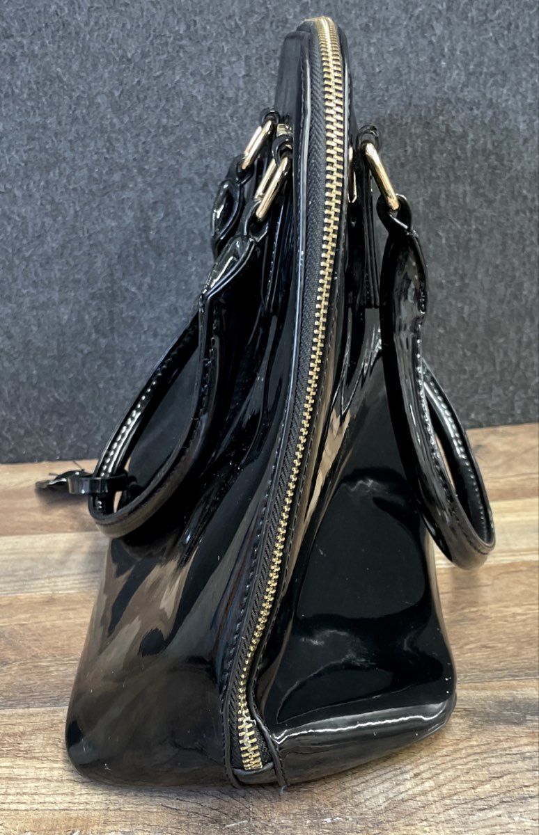 Adrienne Vittadini Black Patent Dome Satchel Bag Gold Tone Hardware