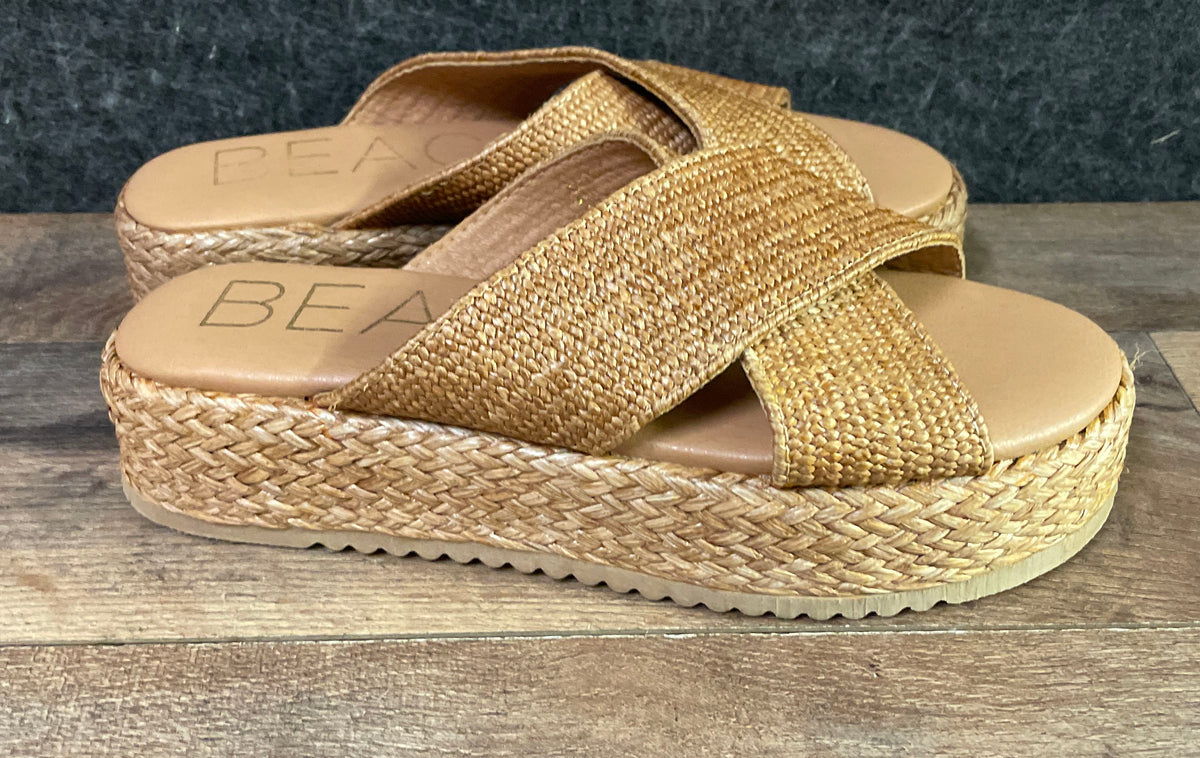 Beach By Matisse Tan Woven Raffia Criss Cross Platform Slide Sandals Size 8