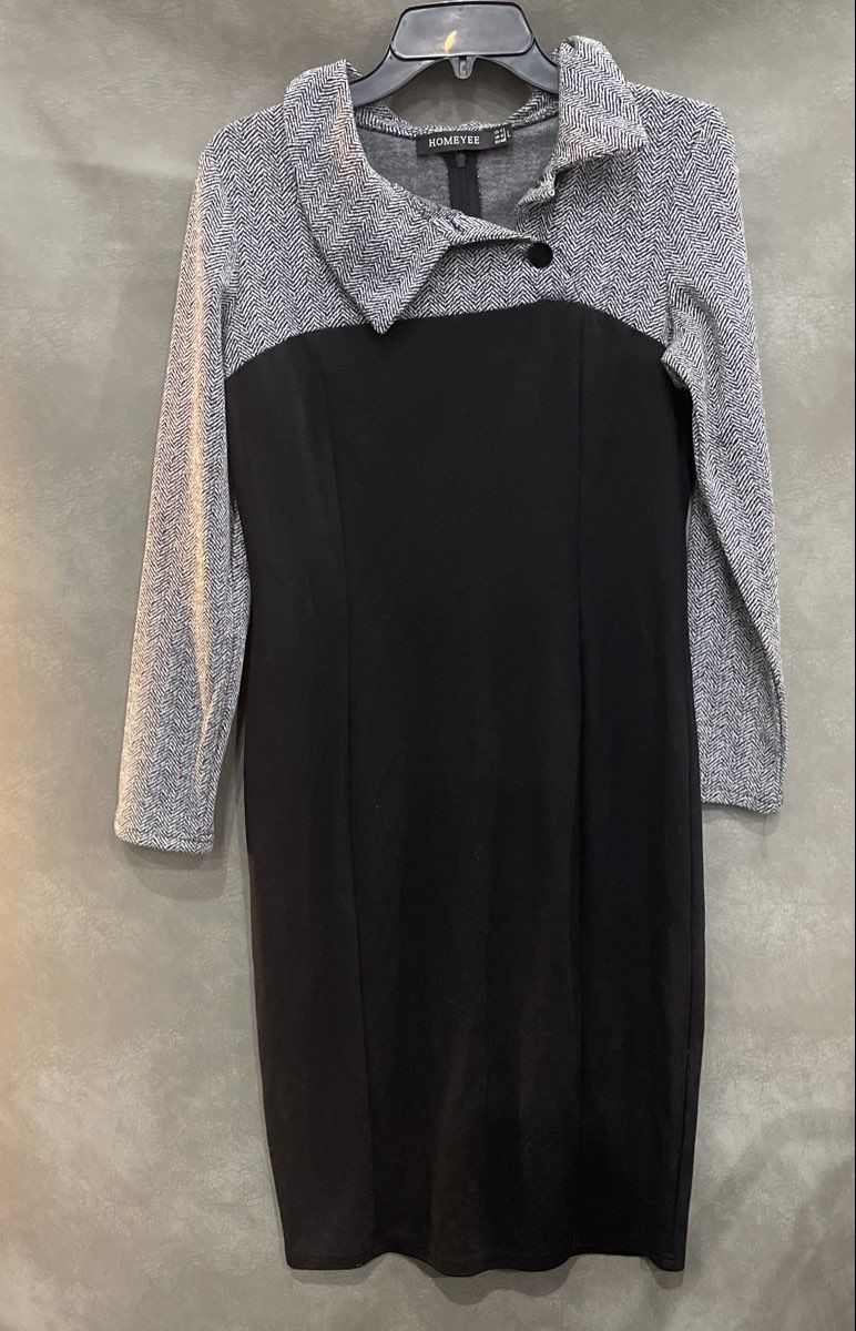 Homeyee Women's Black Gray Herringbone Long Sleeve Contrast Sheath Dress Sz 8 L