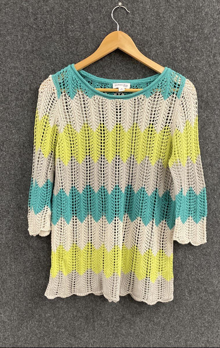St. John's Bay Women's Multicolor Chevron Open Knit Ramie Cotton Sweater Sz M