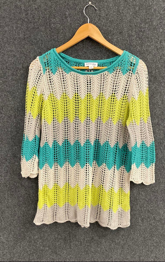 St. John's Bay Women's Multicolor Chevron Open Knit Ramie Cotton Sweater Sz M