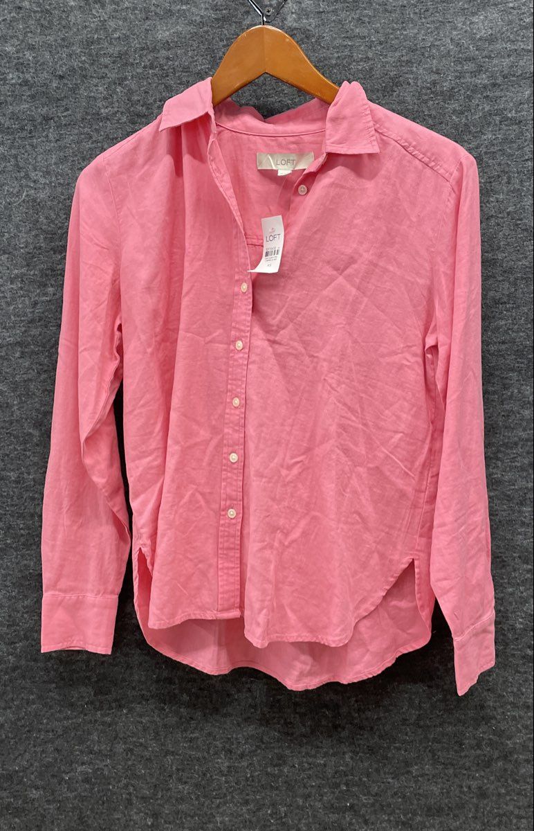 Loft Women's Pink Long Sleeve Button Up Shirt Curved Hem NWT Sz XS