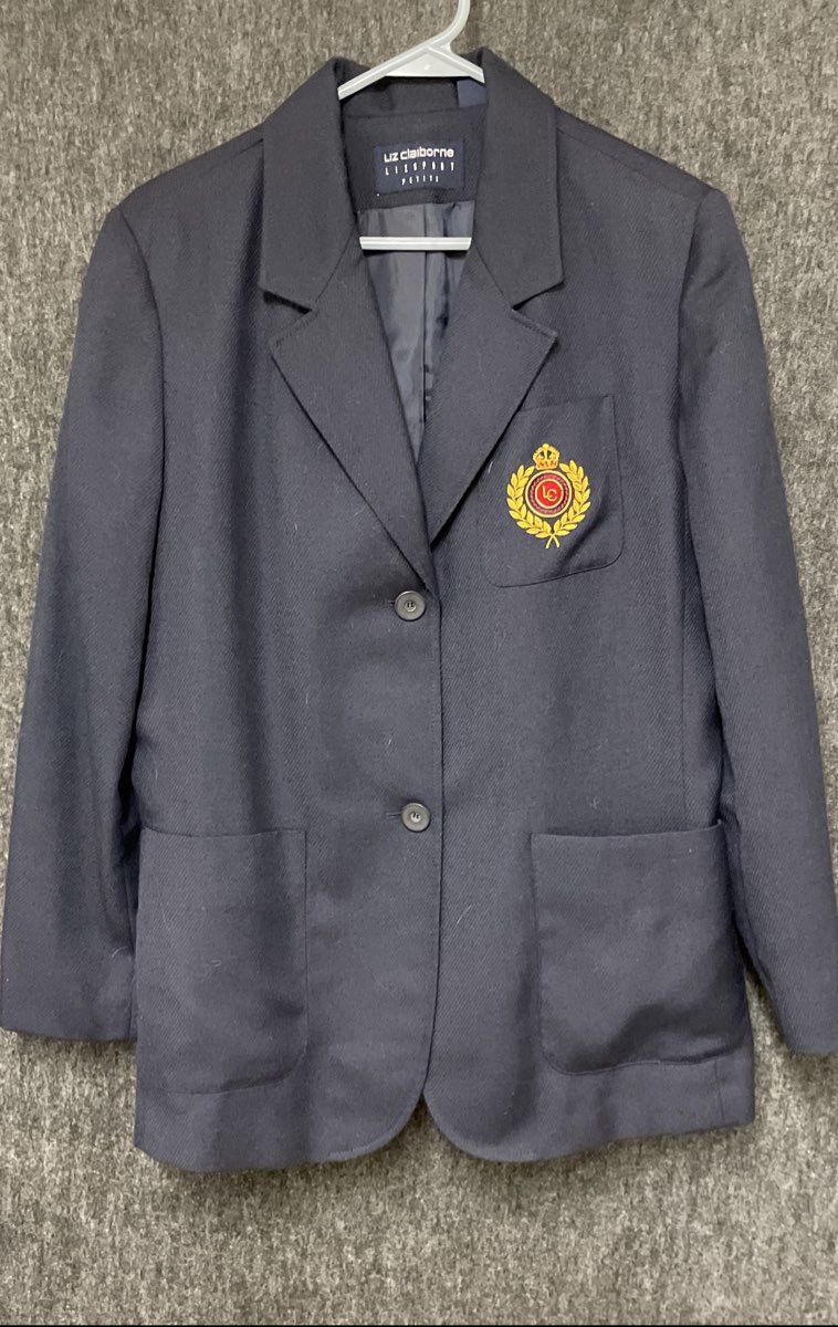 Liz Claiborne Women's Navy Blue Crest Blazer Lizsport Wool Blend Sz L Petite