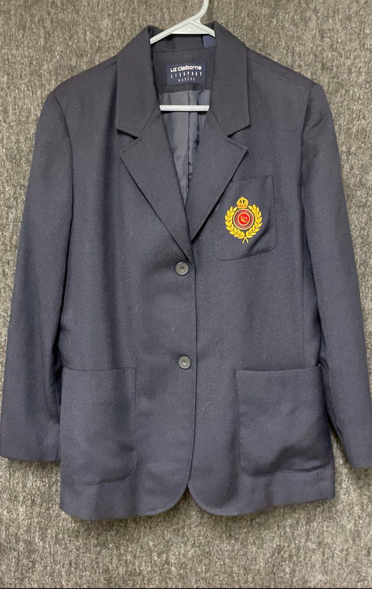 Liz Claiborne Women's Navy Blue Crest Blazer Lizsport Wool Blend Sz L Petite