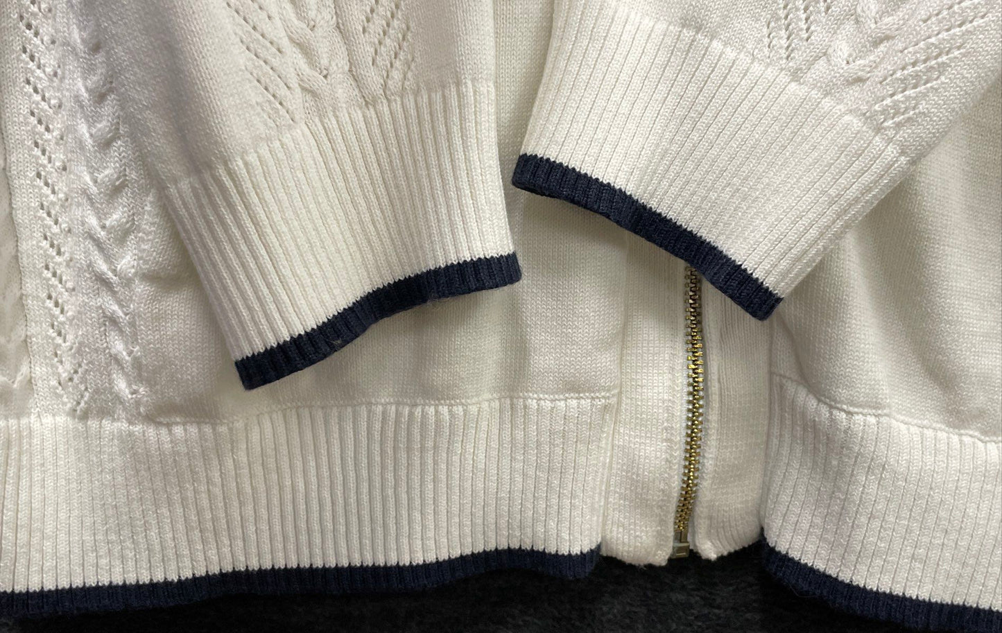 Tommy Hilfiger Jeans Women's White Cable Knit Pointelle Zip Up Hoodie Sweater L