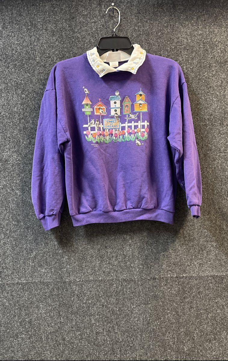 Morning Sun Women's Purple Vintage 90s Birdhouse Tweet of Dreams Sweater Sz SP