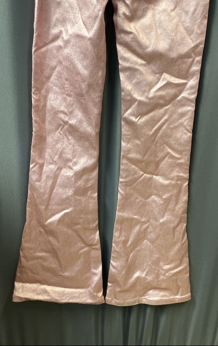 Edikted Women's Pink Shiny Metallic High Rise Flare Pants Sz S