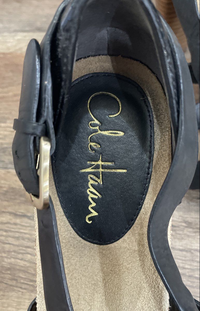 Cole Haan Black Leather Strappy Cork Platform Wood Block Heel Sandals Size 9.5B