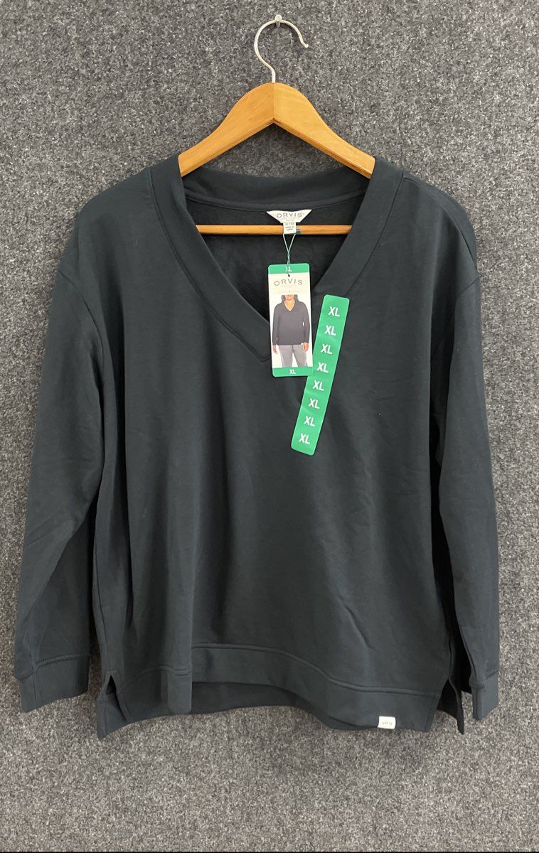 Orvis Women's Black Cozy V-Neck Long Sleeve Sweatshirt Pullover NWT Sz XL