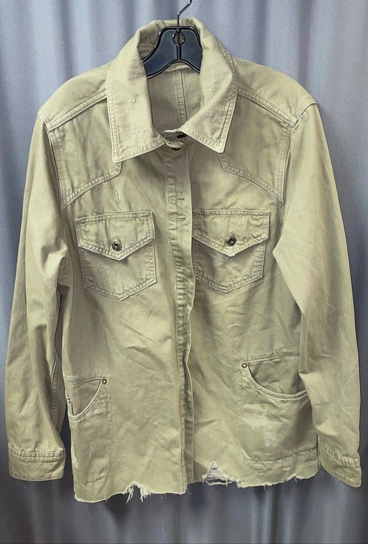 Free People Women's Olive Green Distressed Denim Button Up Jacket Sz M