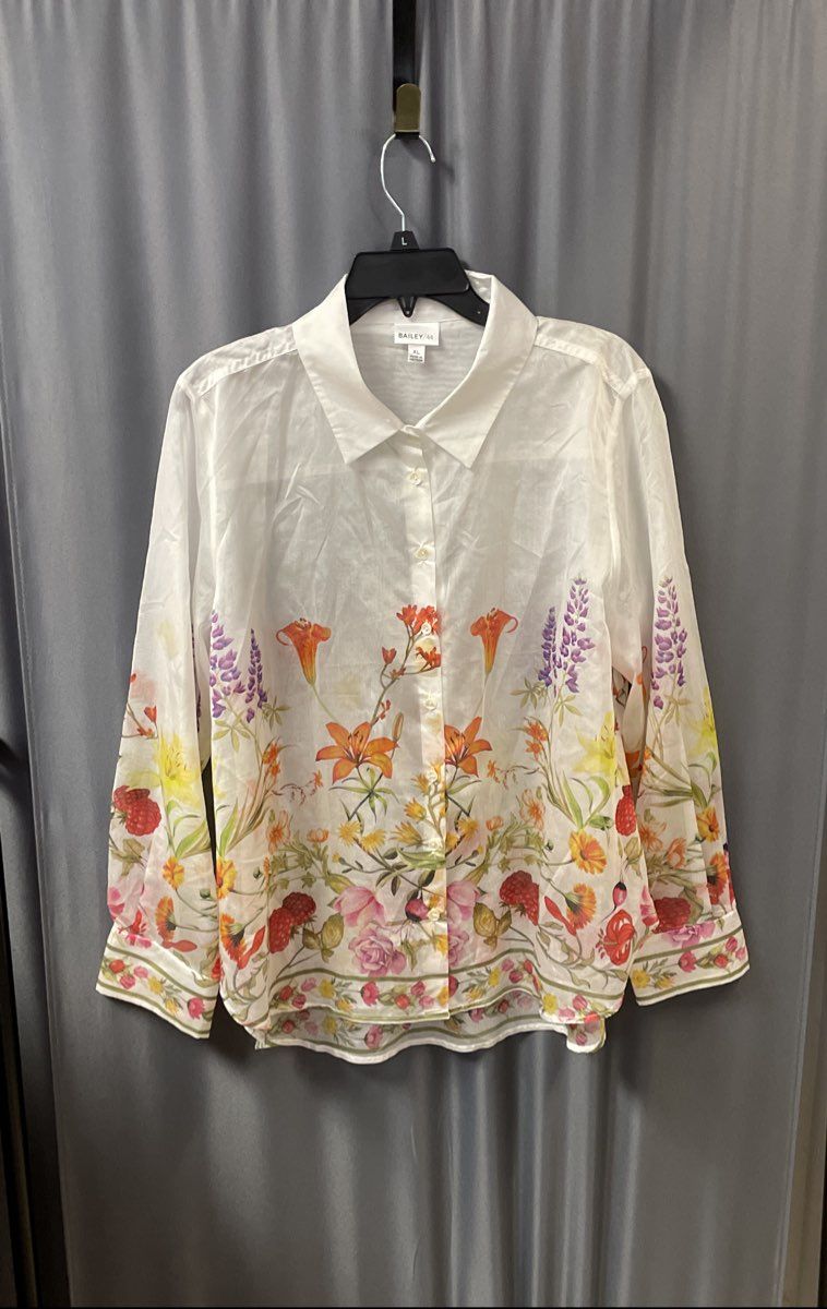 Bailey/44 Women's White Floral Lyocell Blend Button Down Shirt Blouse XL