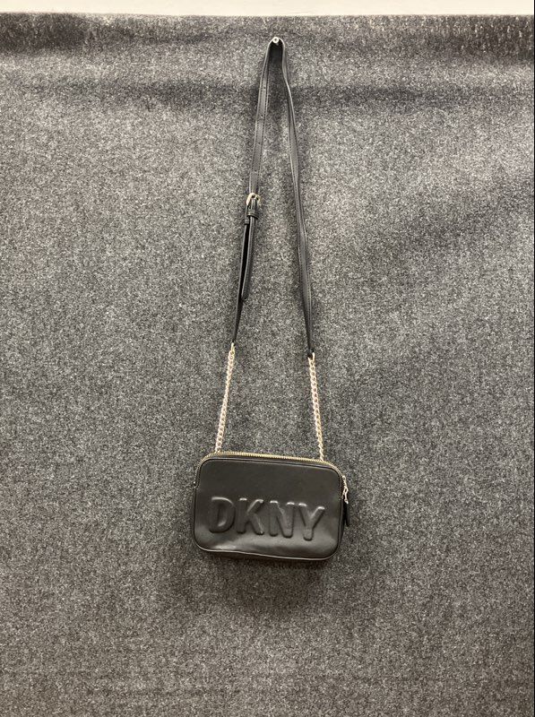 DKNY Black Embossed Logo Double Zip Crossbody Bag Gold Chain Strap Handbag