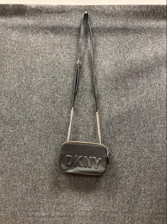 DKNY Black Embossed Logo Double Zip Crossbody Bag Gold Chain Strap Handbag