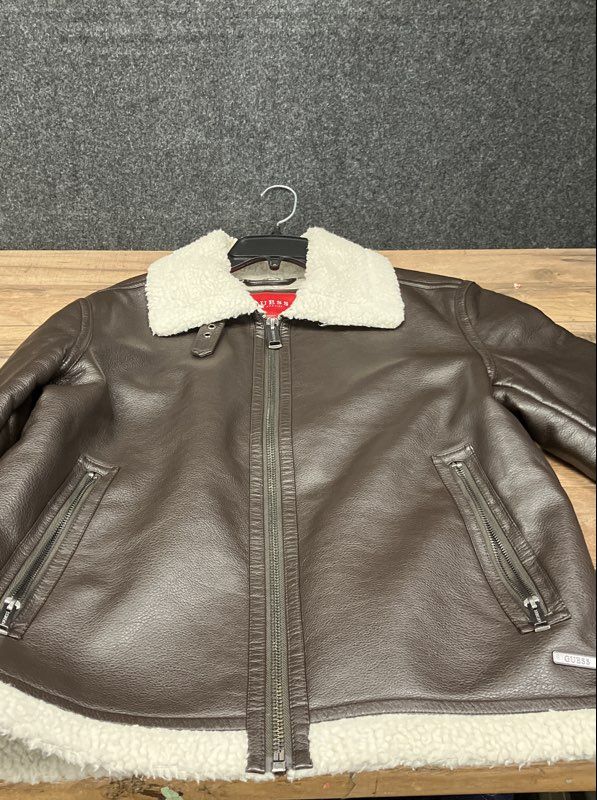 Guess Men's Faux Leather Sherpa Aviator Jacket Brown Fleece Collar Size S