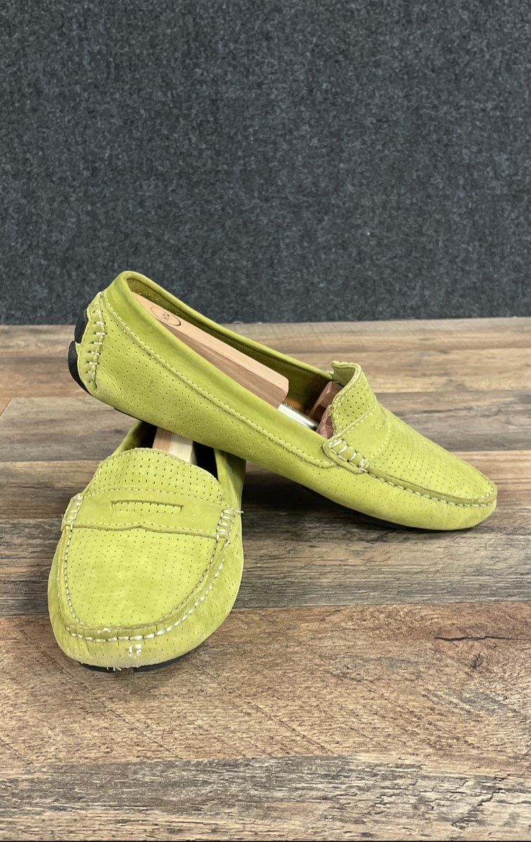 Mercanti Fiorentini Lime Green Perforated Suede Penny Driver Loafers Size 9 B