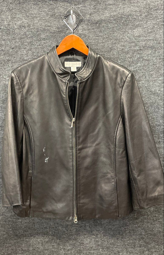 Vintage 90s Petite Sophisticate Women's Black Leather Mock Neck Jacket Sz L